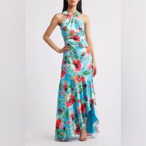 Eliza J One Shoulder Floral Dress - Electric Blue with Bold Red & Pink Florals.